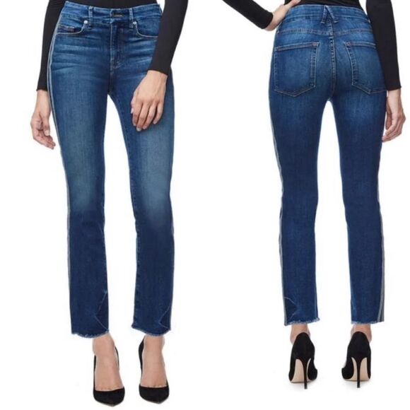 Good‎ American Women’s 4/27 Straight Leg Stripe Ankle Jean Dark Wash Stretchy - Picture 1 of 11